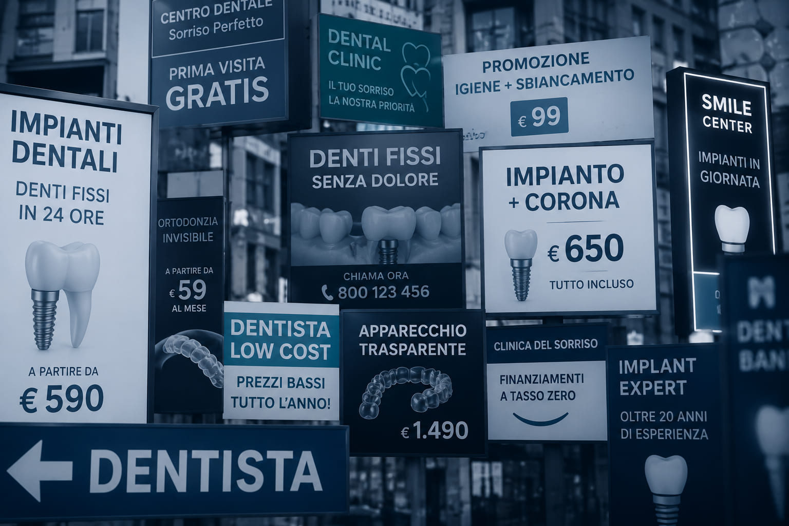 Insegne, promesse e prezzi a confronto: il rumore di fondo del mercato dentale.